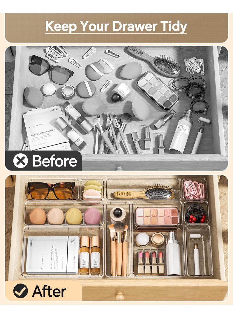 LODROC 25 PCS Plastic Drawer Organizers Set, 4 Sizes Vanity Organizer, Makeup and Desk Drawer Organizer Trays, Organization and Storage for Makeup Jewelry Office Kitchen Gadgets (Clear) - Image 4